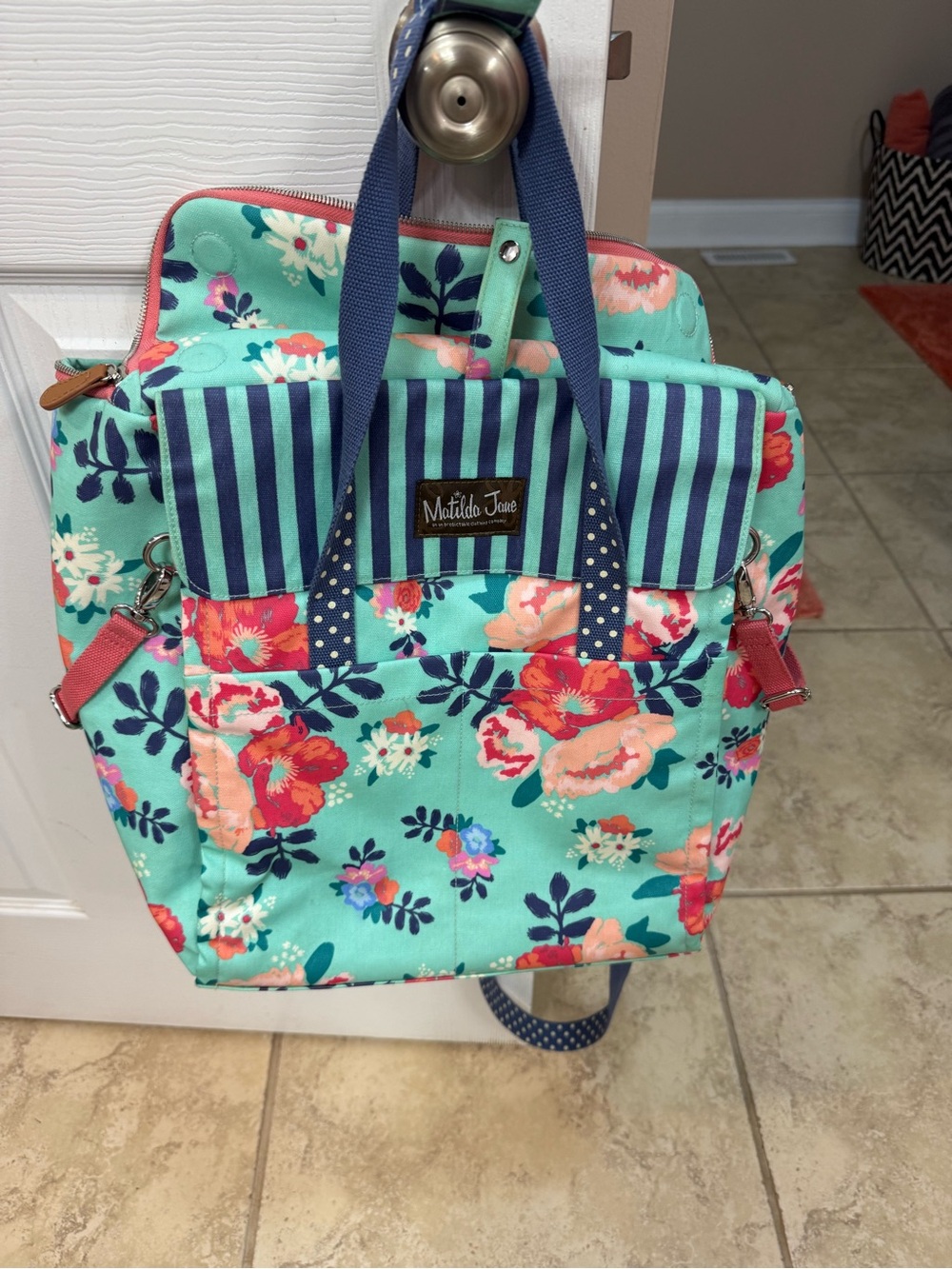 Matilda Jane Mint Floral Backpack with Navy Stripes